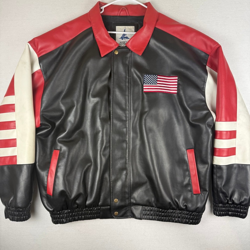 Misty Harbor USA Flag Bomber Jacket Mens XXLT Red Black Faux Leather